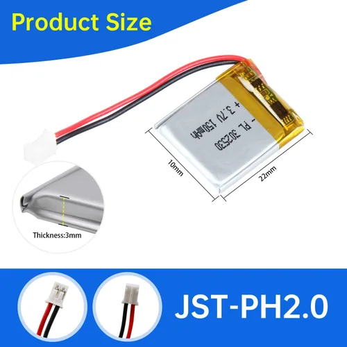 Miniatura 3 de 302530 Batería Lipo 3.7V 150mAh 302530 Paquete de Batería Recargable de Polímero de Litio con Conector JST PH2.0mm para Dispositivo Electrónico