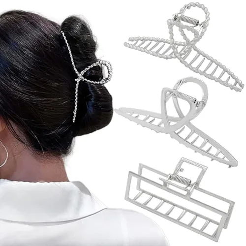 3 pinzas para el cabello para mujer, pinzas de metal plateado grandes para cabello grueso y delgado, abrazaderas de pasador de atrapado jumbo,