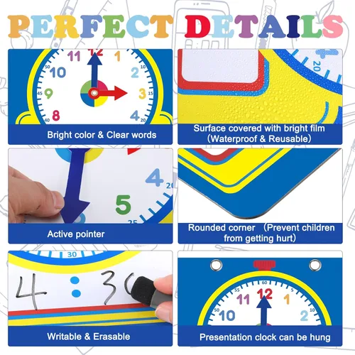 Miniatura 3 de Junkin Kit de reloj de enseñanza de 25 piezas, relojes de aprendizaje para niños, tiempo de aprendizaje con superficie borrable para suministros
