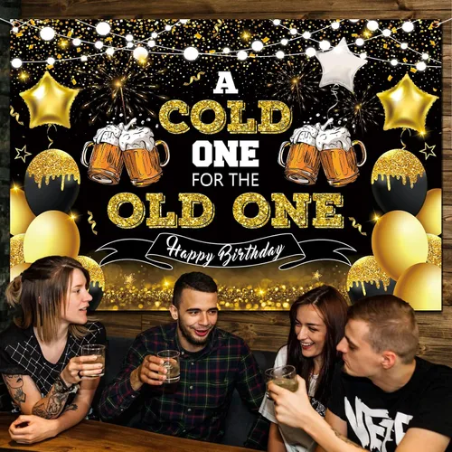 Miniatura 2 de Decoraciones de fiesta de cerveza, telón de fondo de feliz cumpleaños negro y dorado para hombres, un frío para el anciano, pancarta de fondo