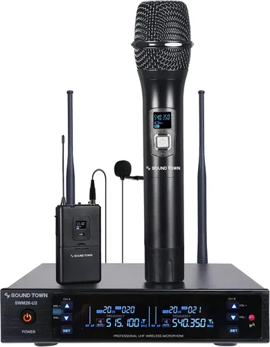 Sound Town Sistema de micrófono inalámbrico UHF de metal de 200 canales con 1 micrófono de mano, 1 micrófono de solapa y escaneo automático para