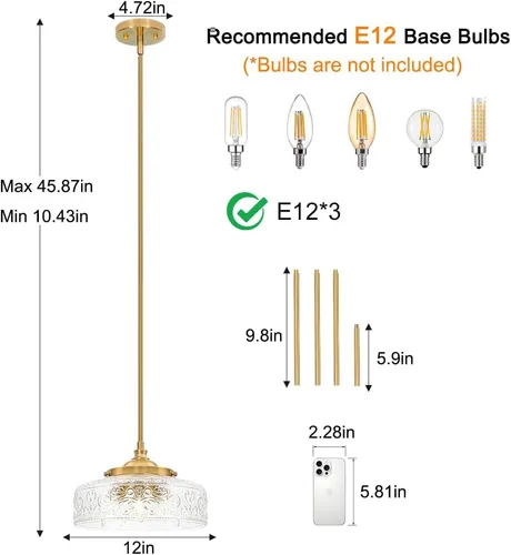 Miniatura 5 de 3 luces colgantes ajustables para isla de cocina, metal cepillado dorado y vidrio transparente, luces colgantes de latón vintage para baño, pasillo