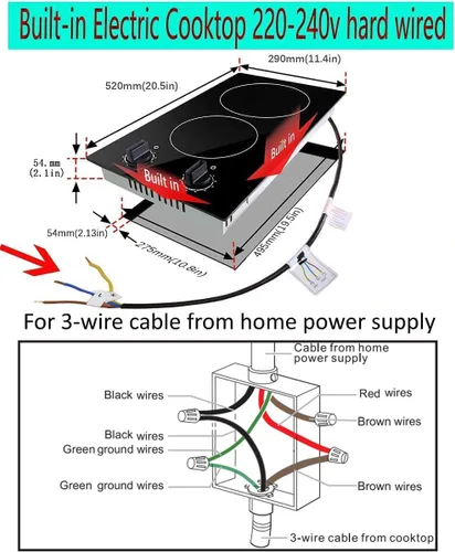 Miniatura 6 de Karinear Estufa eléctrica de 2 quemadores de 12 pulgadas, estufa eléctrica incorporada de 220 V - 240 V con indicador de calor residual, control