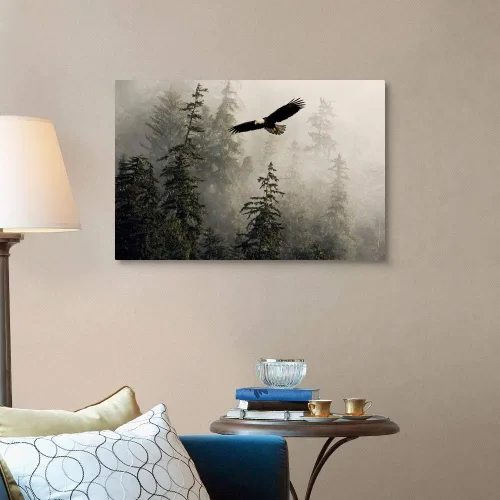 Miniatura 3 de Lienzo decorativo para pared, diseño de águila calva volando a través de Misty Tongass, ilustraciones de águila Lienzo envuelto