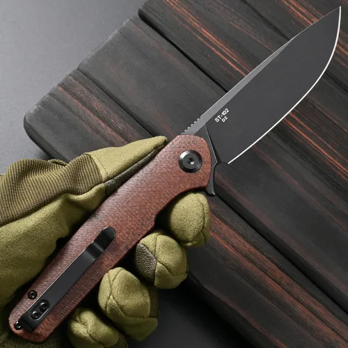 Miniatura 6 de Sitivien Cuchillo plegable ST102, hoja de acero D2+mango Micarta EDC herramienta cuchillo para exteriores, camping, caza, supervivencia (marrón)