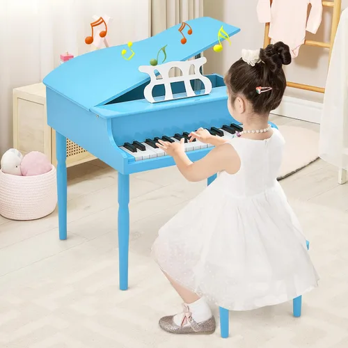 Miniatura 9 de Goplus Piano de juguete clásico para niños de 30 teclas, mini piano de madera estilo grand con banco, tapa para piano, estante para música, juguete