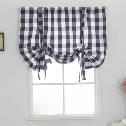 Miniatura 10 de vctops Cortinas entramadas de Navidad en negro y blanco estilo búfalo con función de amarras, estilo granja, térmicas, aislantes, para ventanas