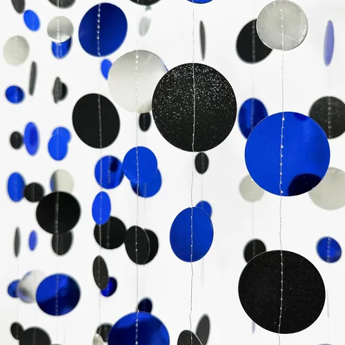 Miniatura 3 de Guirnalda de 46 pies de puntos circulares azul marino, negro y plateado, serpentina de lunares azul real y negro para cumpleaños, graduaciones
