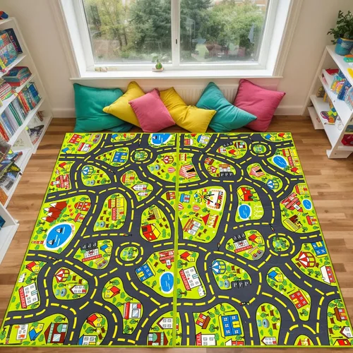 Miniatura 2 de Alfombra de juego para niños (2.6 x 5 pies), 2 unidades, alfombra de carretera para niños, alfombra de mapa de ruta de la ciudad, alfombra
