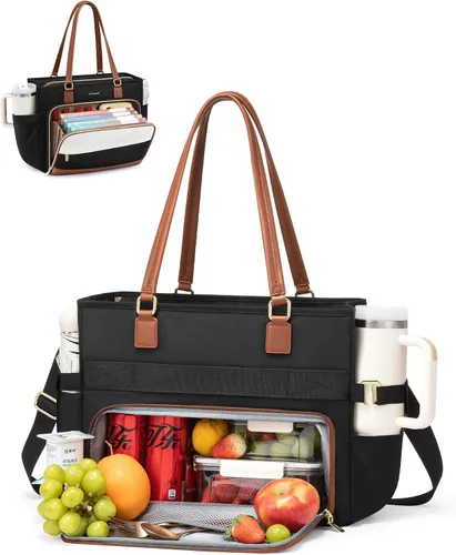 Miniatura 8 de LOVEVOOK Bolsa de mano para profesores, bolsa para laptop para mujer con portavasos grande y área de archivo de acordeón, bolsa de trabajo