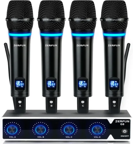 Miniatura 11 de Sistema de Micrófono Inalámbrico Recargable de 4 Canales, Micrófono de Mano de Metal UHF Profesional con Auriculares y Micrófono de Solapa Lavalier