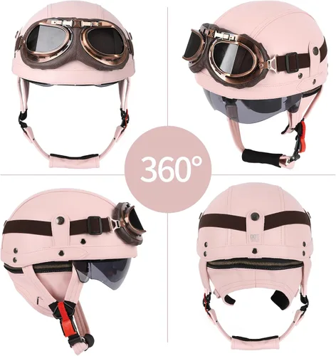 Miniatura 3 de Casco de motocicleta rosa, medio casco de cuero estilo alemán, casco de motocicleta para mujer con certificación DOT, casco de media cara con gafas