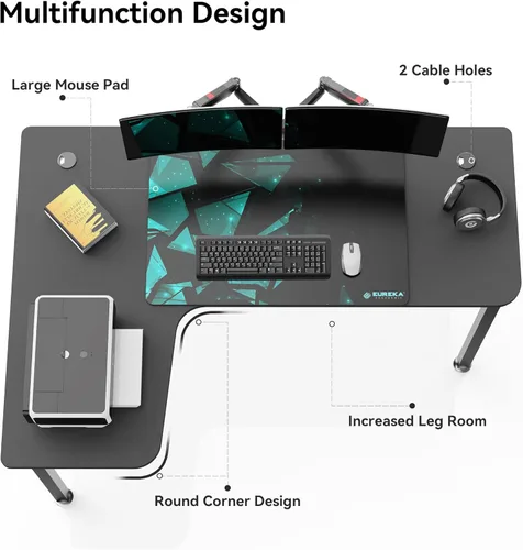Miniatura 5 de L Desk Eureka Escritorio ergonómico de 60 pulgadas, escritorio de oficina, escritorio para juegos en casa, en forma de L, ordenador de escritorio