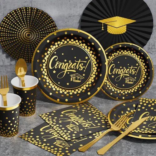 Miniatura 3 de Decoraciones de graduación 2026-175 piezas, juego de vajilla desechable de oro negro, suministros de fiesta de graduación con platos de papel