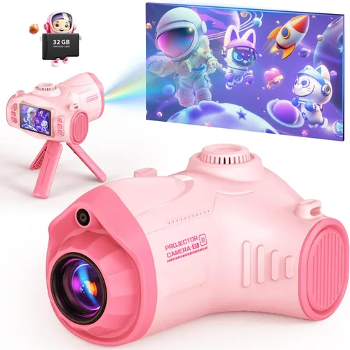 Cámara para niños con proyector, selfie de pantalla grande 1080P, cámara de video para niños con trípode, tarjeta de memoria de 32GB, cámara para