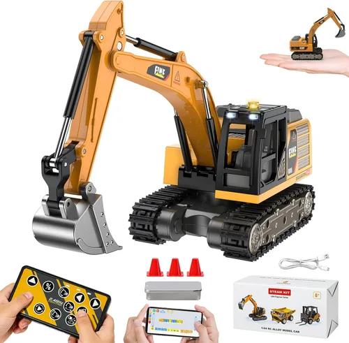 Miniexcavadora a control remoto, juguetes de vehículos de construcción de aleación RC 1:64, herramientas STEM para aprender programación para niños