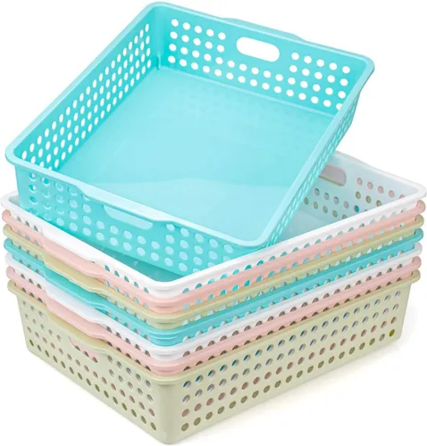 Lawei Paquete de 8 cestas de almacenamiento de plástico, cestas organizadoras de papel coloridas, contenedores de plástico con asas, soporte para