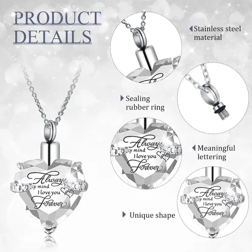 Miniatura 30 de 16 piezas de collar de urna para cenizas, medallón de cenizas talladas de acero inoxidable impermeable con 8 kit de relleno, cilindro de corazón