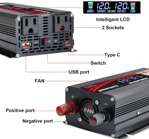 Miniatura 3 de Cantonape 1000W/2000W (Peak) - Inversor de corriente de auto DC 12 V a 110 V AC convertidor con pantalla LCD enchufe AC Dual y cargador USB dual