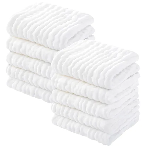 Yoofoss Toallas de muselina para bebé, 100% algodón orgánico, paquete de 10 paños de lavado para bebé de 12 x 12 pulgadas, toallitas suaves y Blanco