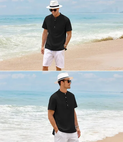 Miniatura 4 de Enjoybuy Men's Linen Henley Shirts Summer Beach Short Sleeve Loose Fit T Shirt Button Up Lightweight Casual Tops