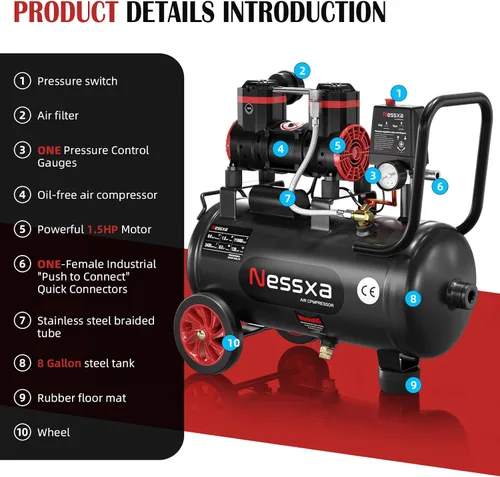 Miniatura 4 de Compresor de aire ultra silencioso de 8 galones, 1.5HP 4.52 CFM, tanque de compresor de aire sin aceite máximo de 115 PSI para reparación