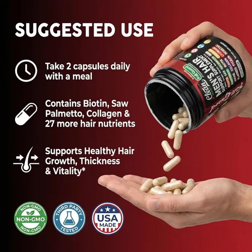 Miniatura 6 de Suplemento para el crecimiento del cabello para hombres Vitaminas para el cabello con biotina, colágeno, semilla de calabaza, saw palmetto