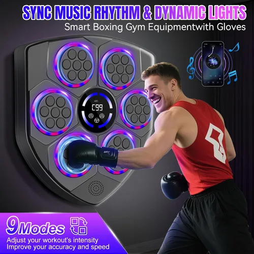 Miniatura 5 de Máquina de Boxeo Musical Inteligente laapee con Ritmo LED – Montada en Pared para Adultos y Niños – Incluye Guantes para Adultos, Diadema y 3