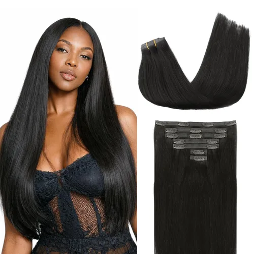 Lashey - Extensiones de cabello con clip sin costuras, de cabello humano real, 7 unidades, 110 g, 14 pulgadas, color negro natural, lacio,