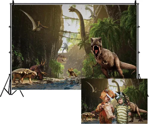Miniatura 8 de Renaiss Telón de fondo de poliéster de 5 x 3 pies con diseño de dinosaurios, selva tropical, safari, bosque, árboles, montaña, lago, selva tropical