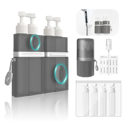 YOTIME Juego de botellas de viaje 4 en 1, ventosa de silicona al vacío para paredes lisas, recipientes de tamaño de viaje aprobados por la TSA a Gris