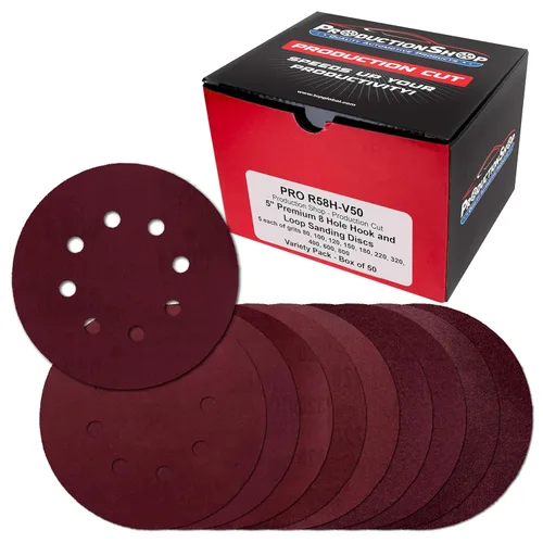 Miniatura 10 de ProductionShop Discos de lijado de grano 40 con patrón rojo de 8 agujeros de 5 pulgadas, caja de 30, papel de lija sin polvo con respaldo de gancho