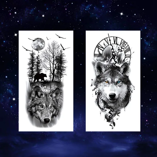 Miniatura 3 de 8 hojas lobo taichi tótem cráneo luna bosque flor brazo pierna tatuaje temporal XQB-07