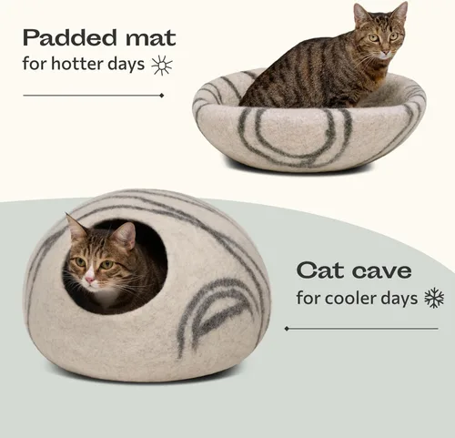 Miniatura 4 de MEOWFIA Cueva de gato – Cama de gato de fieltro premium para gatos de interior, hecha a mano 100% lana de merino, gato (gris claro, grande)