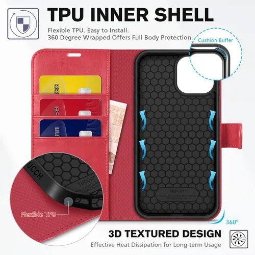 Miniatura 4 de TUCCH Funda tipo cartera para iPhone 13 de 6.1 pulgadas 5G, [Bloqueo RFID] Soporte con ranuras para tarjetas