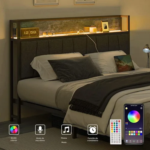 Miniatura 5 de Cikunasi Base de cama tamaño Queen con cabecero y almacenamiento, base de cama con plataforma de cajones con estación de carga y luz LED, Gris
