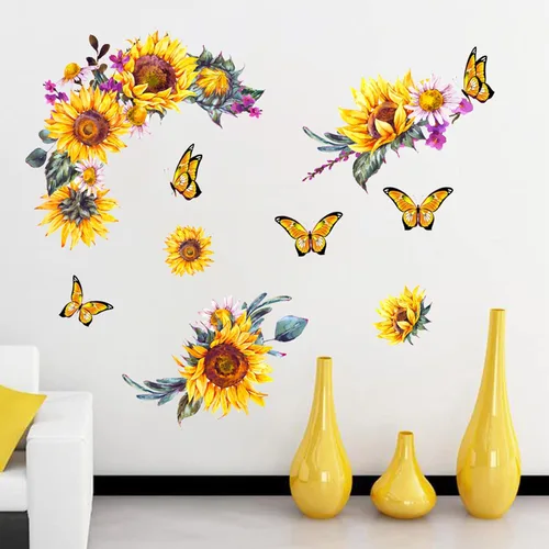 Miniatura 2 de Calcomanías de pared de girasol de acuarela, creativas calcomanías de pared de flores amarillas 3D, calcomanías de mariposa de sol para despegar