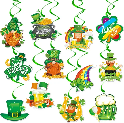 Decoraciones de fiesta del día de San Patricio, guirnalda de serpentinas - 12 piezas de pancarta verde decoración de trébol Gonme sombrero colgante