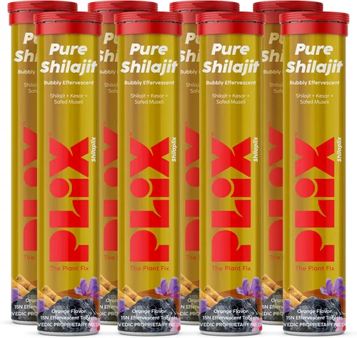 Plix Pure Himalayan Shilajit - Tabletas efervescentes de 250 mg con musli seguro y azafrán, energía natural y apoyo de fuerza, sabor naranja, 120