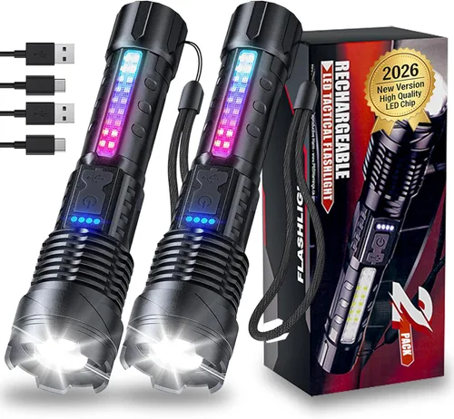 Linternas recargables LED de alto lúmenes, paquete de 2 luces LED láser blanco súper brillante de 7 modos con zoom, linternas tácticas, carga USB-C,