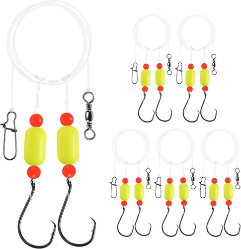 Miniatura 16 de Alwonder Paquete de 5 aparejos de pesca Pompano con flotadores Snell, aparejo giratorio de cebo vivo de agua salada, broches de presión de doble