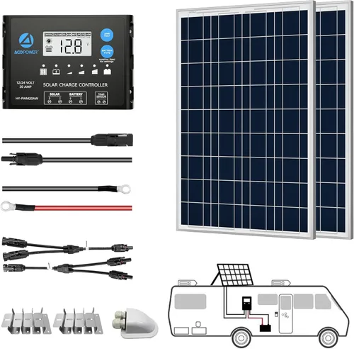 Kit de paneles solares policristalinos de 200 W, 2 piezas de 100 W para hogares, casas rodantes, automóviles, campamentos, barcos marinos, soportes