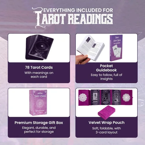 Miniatura 6 de Cartas de tarot con guía con significados en ellas Bolsa de tarot con colocaciones Diseños morados y rosados Perfecto para principiantes