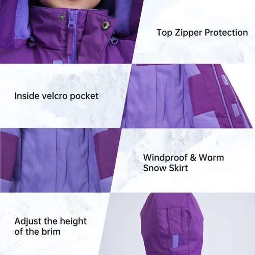 Miniatura 25 de Chaqueta de esquí impermeable para niñas, chaqueta de snowboard para exteriores, resistente al viento, con forro polar, abrigo de nieve cálido