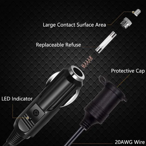 Miniatura 2 de Cable de extensión para encendedor de cigarrillos de 10 pies 8A, cable de núcleo de cobre puro, cable de enchufe de alimentación CC automático 8A