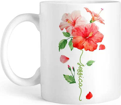 CUBICER Tazas de café personalizadas, flor de hibisco, nombre personalizado, tazas de cerámica blanca, taza de viaje grande, vaso de bebida, regalo
