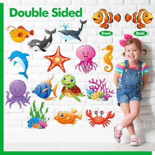 Miniatura 3 de 50 recortes de animales marinos, impresión de doble cara, recortes de acentos de criaturas oceánicas, tablero de anuncios de pescado y coral