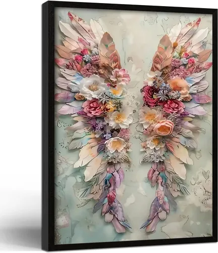 Arte de pared enmarcado abstracto floral con alas de ángel, impresión en lienzo, póster romántico de galería, imagen elegante con plumas y flores,