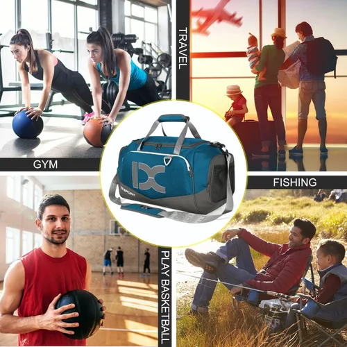 Miniatura 6 de INOXTO Bolsa de deporte de fitness con compartimento para zapatos, impermeable, bolsa de viaje para mujeres y hombres, azul Gray