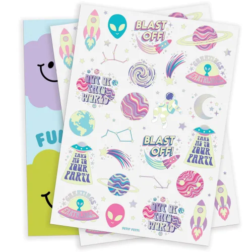 Miniatura 8 de xo, Fetti Space + Planets - Tatuajes temporales que brillan en la oscuridad para niños, 50 piezas, suministros de fiesta de cumpleaños